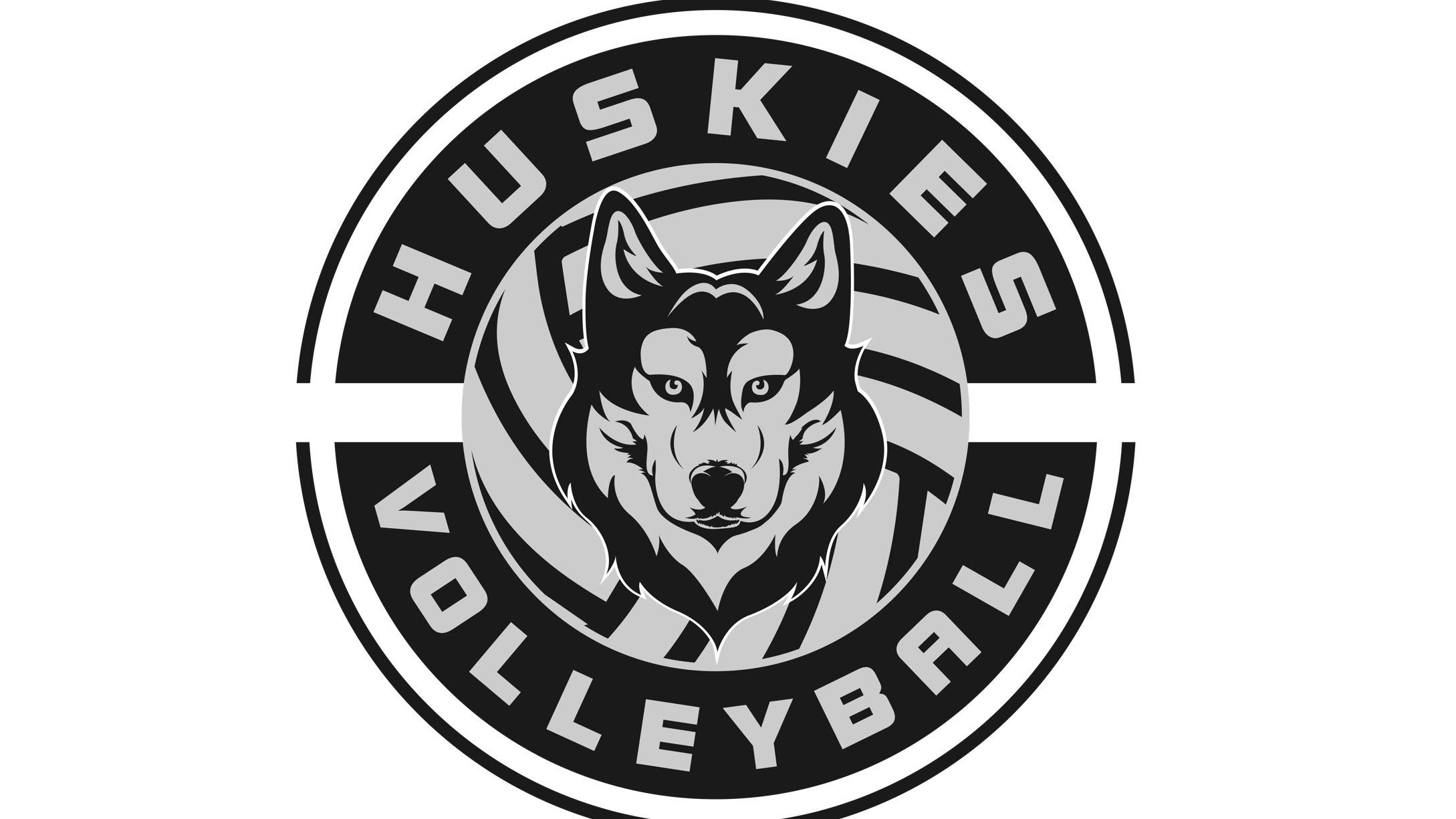 Logo mit einem Husky und dem Schriftzug "HUSKIES VOLLEYBALL" in Schwarz-Weiß auf runden Hintergrund.