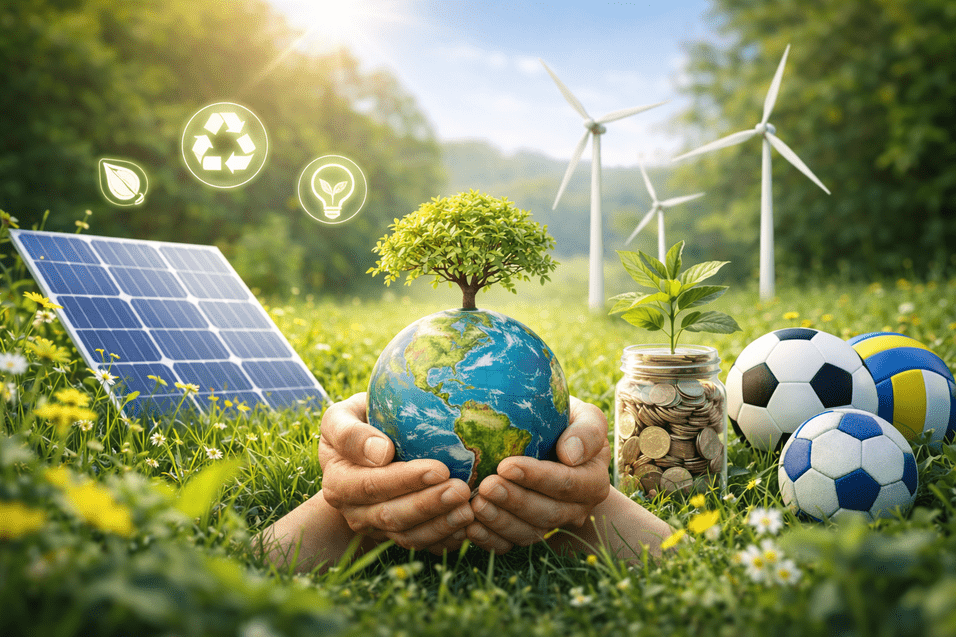 Hände halten eine Miniatur-Erde mit einem Baum, umgeben von Solarzellen, Pflanzen und Sportbällen auf einer Wiese.