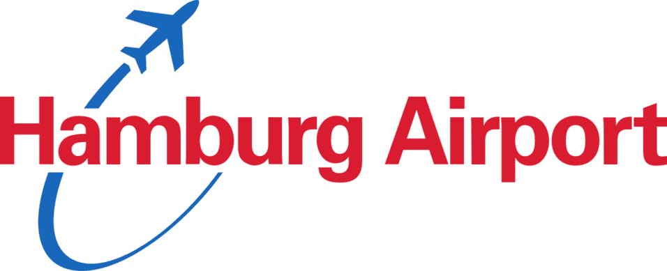 Logo von Hamburg Airport mit einem Flugzeugsymbol und der Schriftzug "Hamburg Airport" in Rot und Blau.