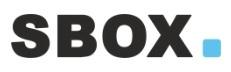 Logo von SBOX in modernem Design, bestehend aus dem Schriftzug „SBOX“ in schwarzer Schrift und einem blauen Punkt.