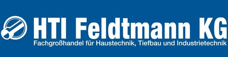 Logo der HTI Feldtmann KG, Fachgroßhandel für Haustechnik, Tiefbau und Industrietechnik auf blauem Hintergrund.